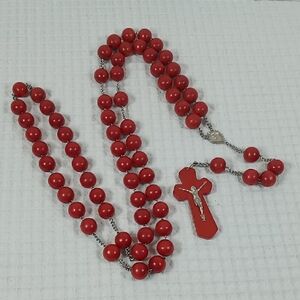 Vintage Giant Red Wooden Beaded Wall Rosary Saint Ann De Beaupre 4' Long